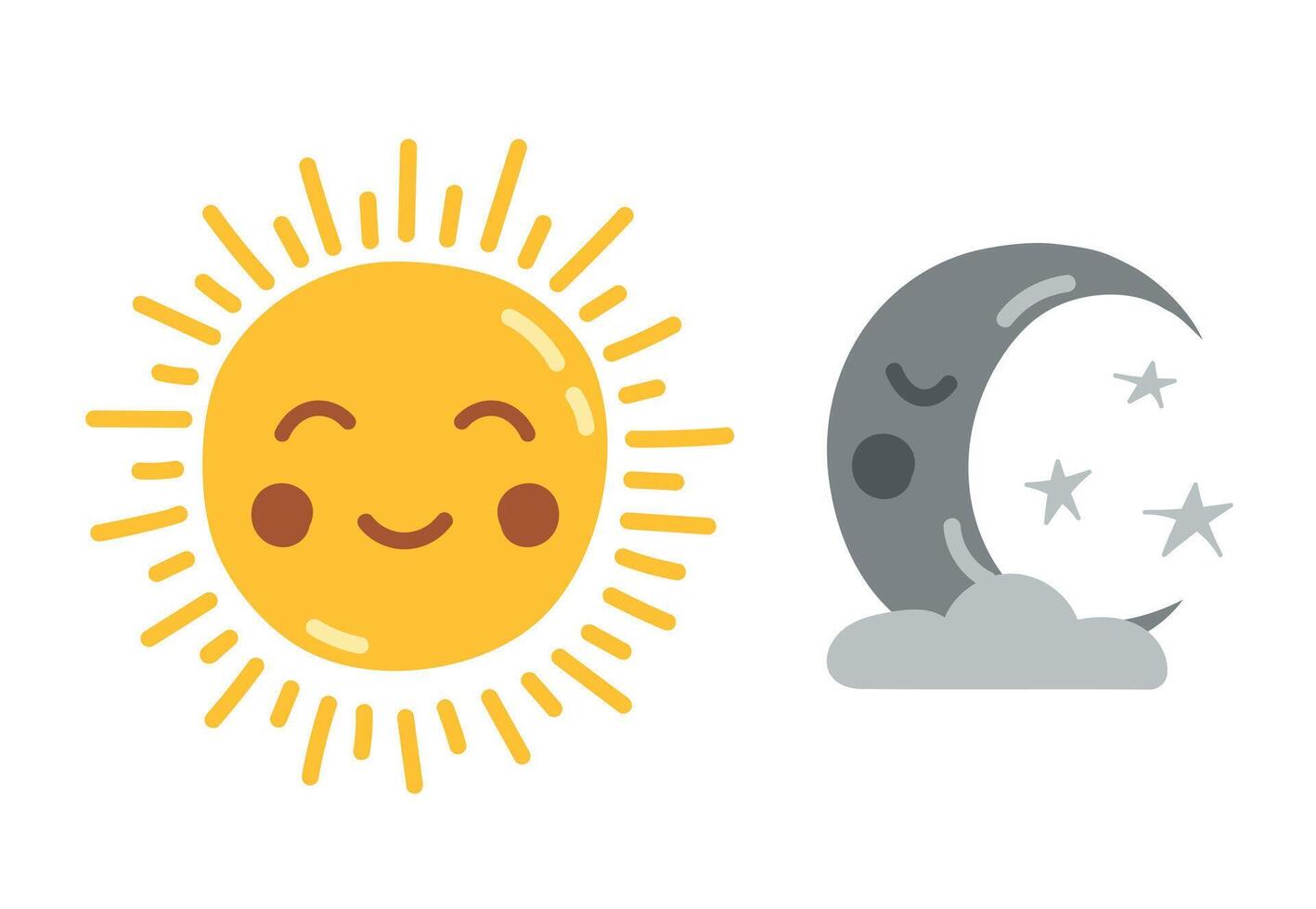 Sun and moon, day and night. Cute Smiling Sleeping Moon and Sun isolated on white background. Icons illustration for nursery design, kids room, baby shower greeting card. vector