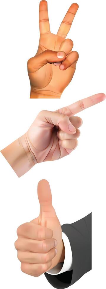 Hands set holding gestures. Hand showing pointing finger, like, victory finger at something on white background, vector