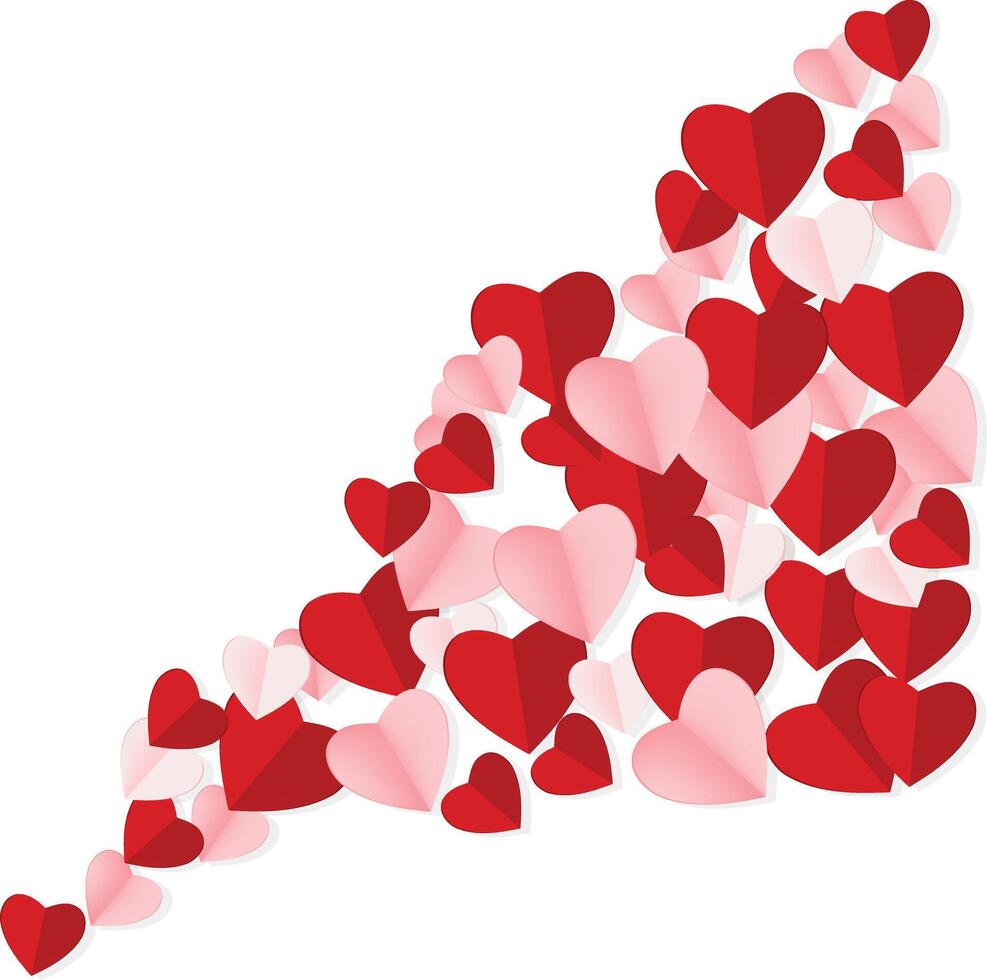 contento San Valentín día. símbolo de amor. volador rojo papel corte corazones en blanco antecedentes. vector