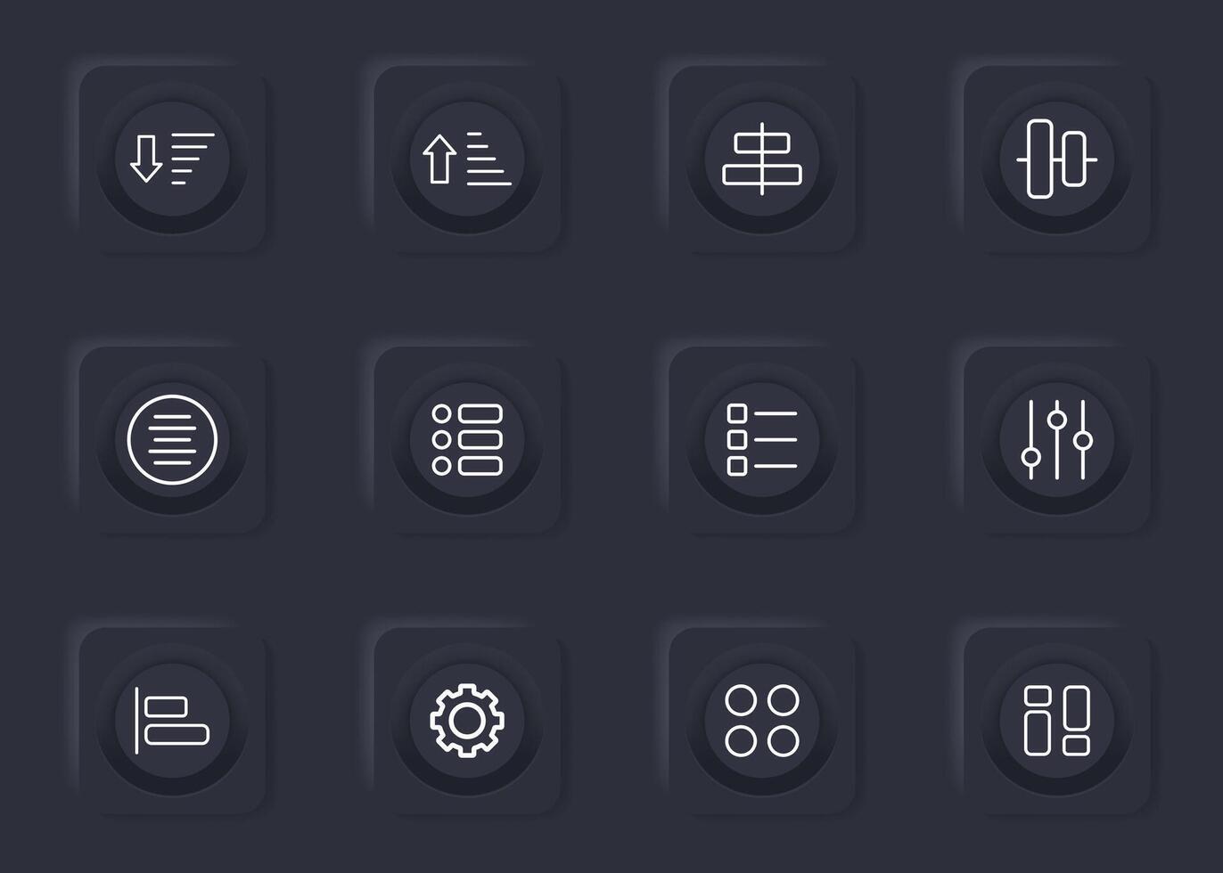 App menu set icon. Application, program, alignment, arrow up and down, list, checkbox, adjust, gear, settings, tune, slider. Technology concept. vector