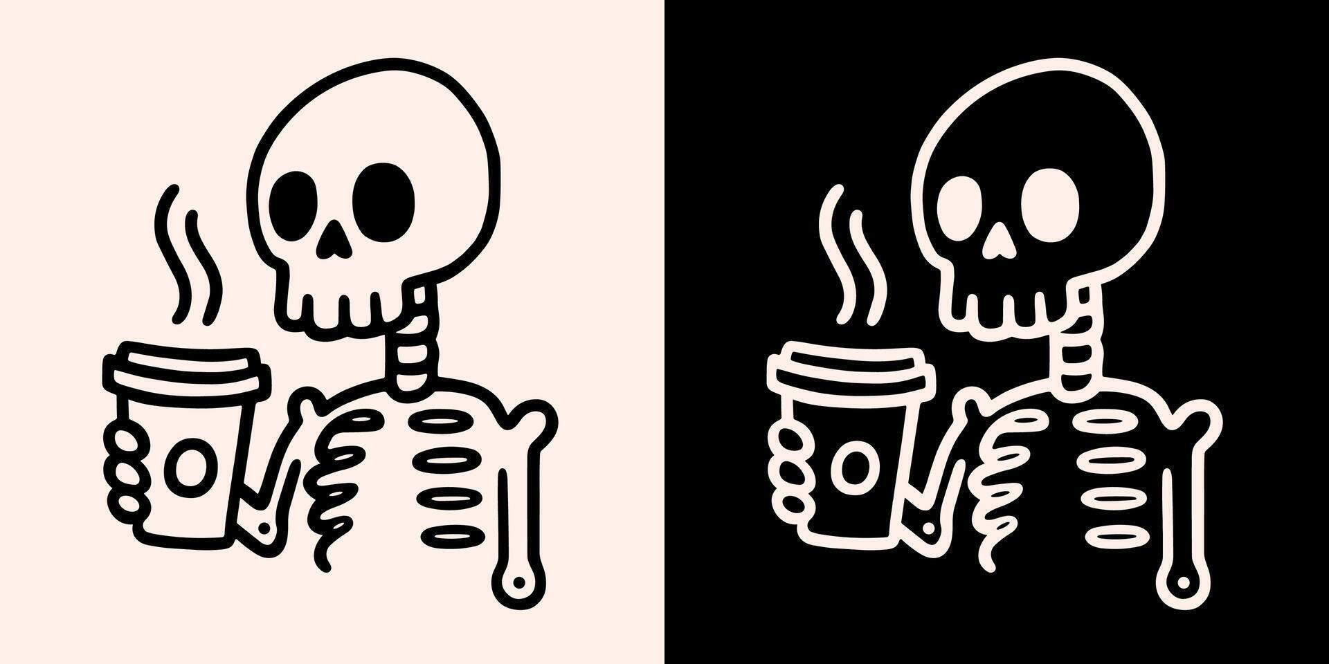 Skeleton drinking coffee holding takeaway cup caffeine lover sketch hand drawn drawing illustration black ink line art outline dark academia aesthetic funny humor caffeinated tired exhausted student vector