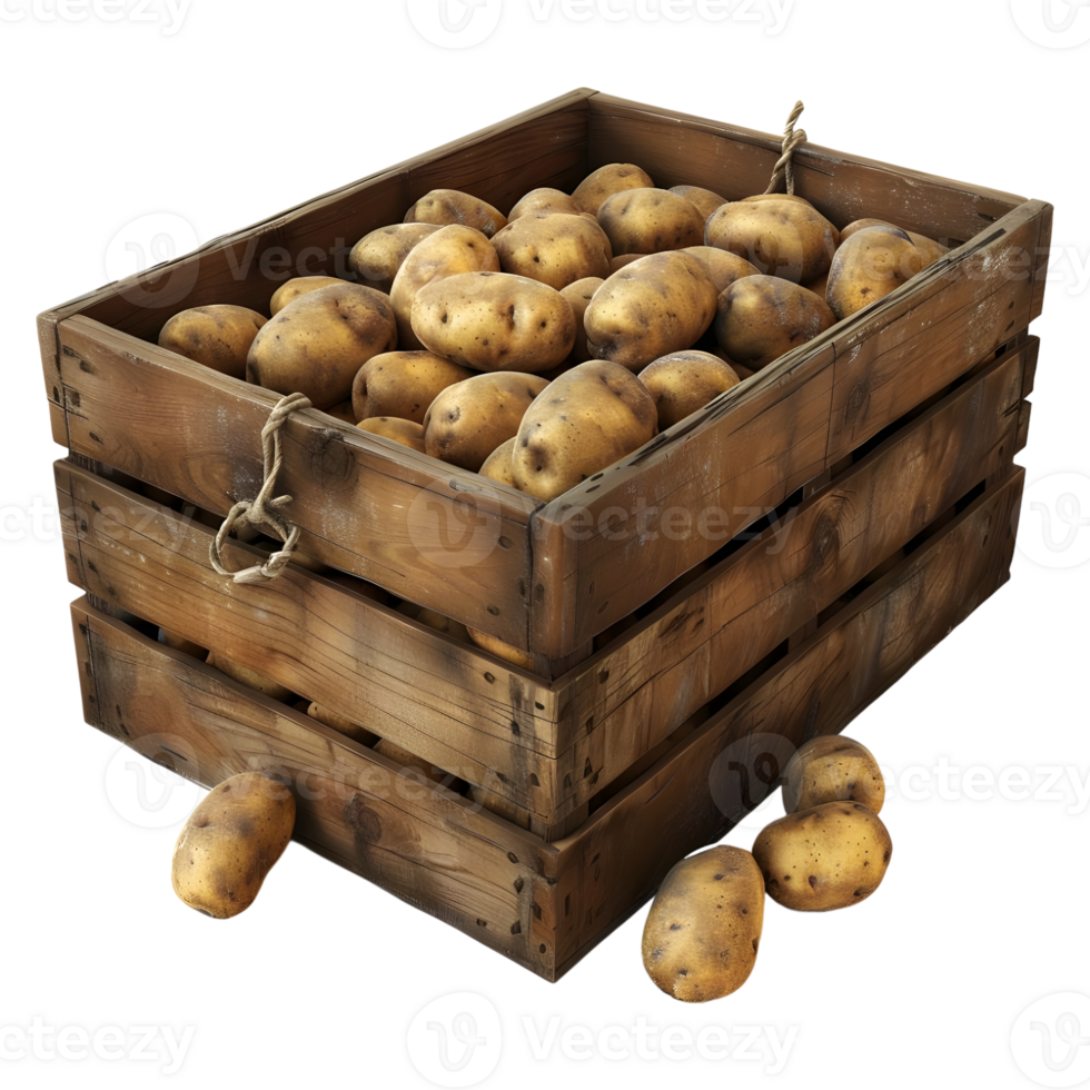 3D Rendering of a Potatoes in a Wooden Tray on Transparent Background png