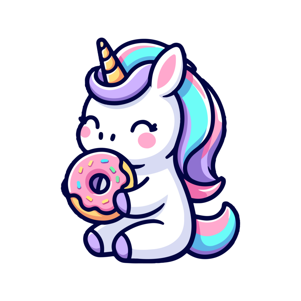 cute unicorn eating donut icon character cartoon png