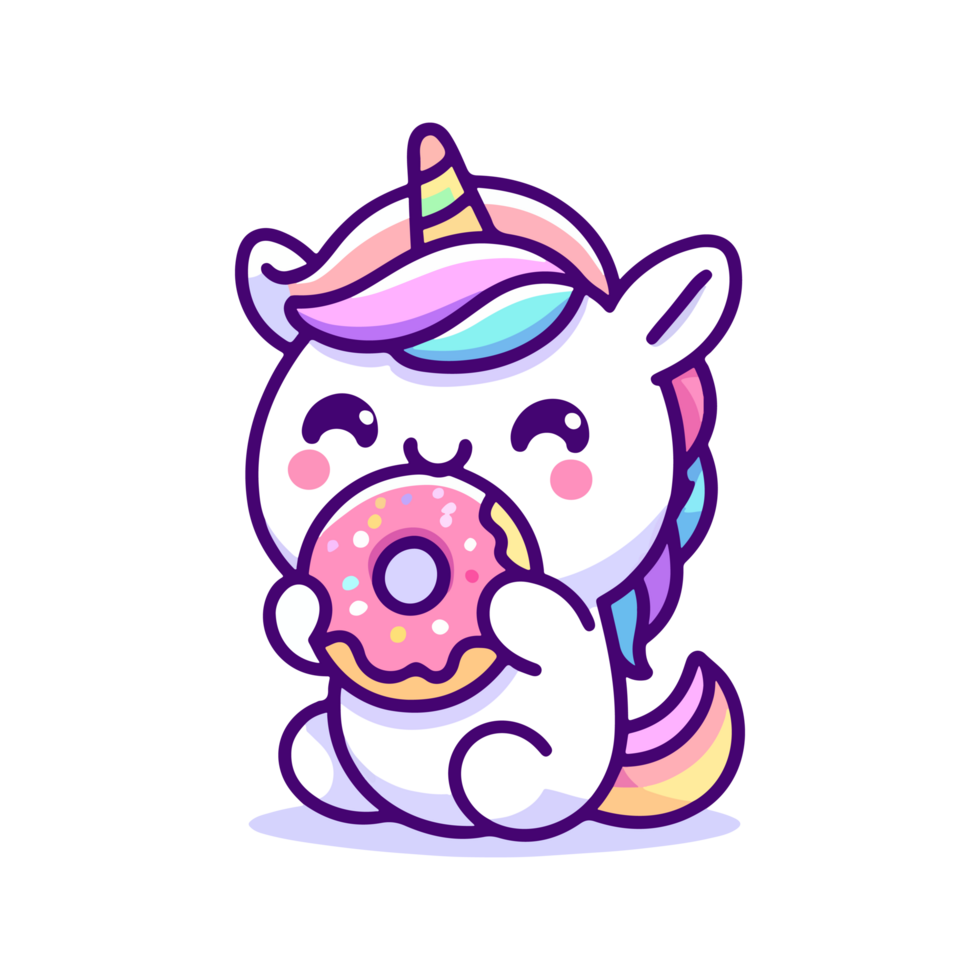 cute unicorn eating donut icon character cartoon png