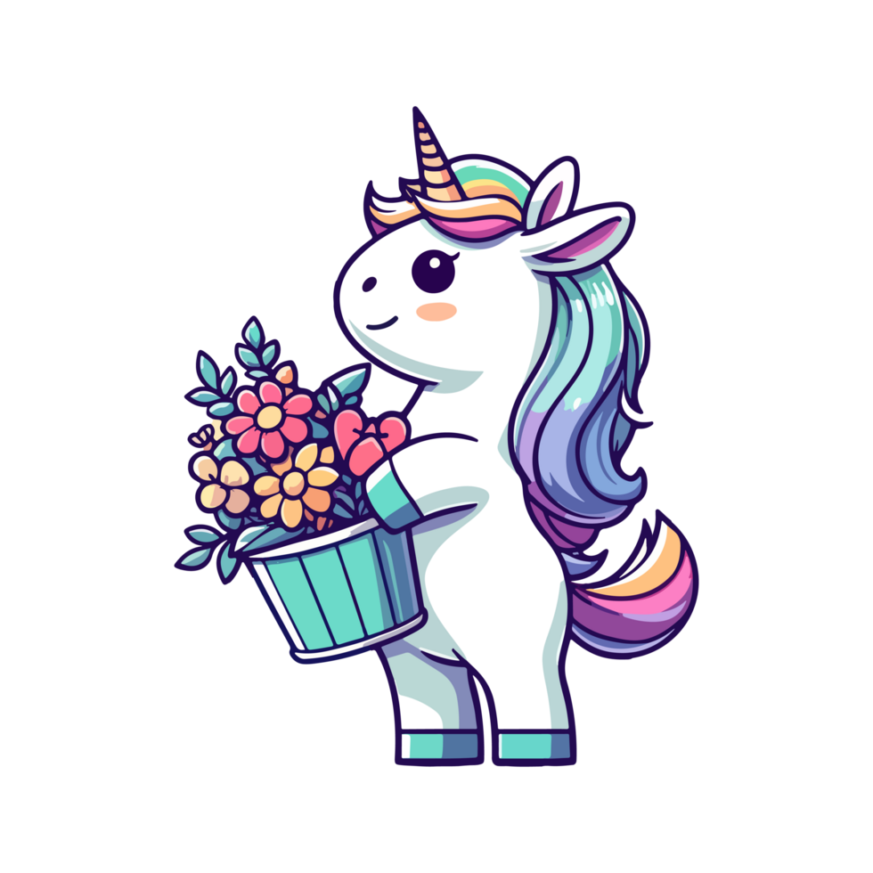 cute unicorn holding flower icon character cartoon png