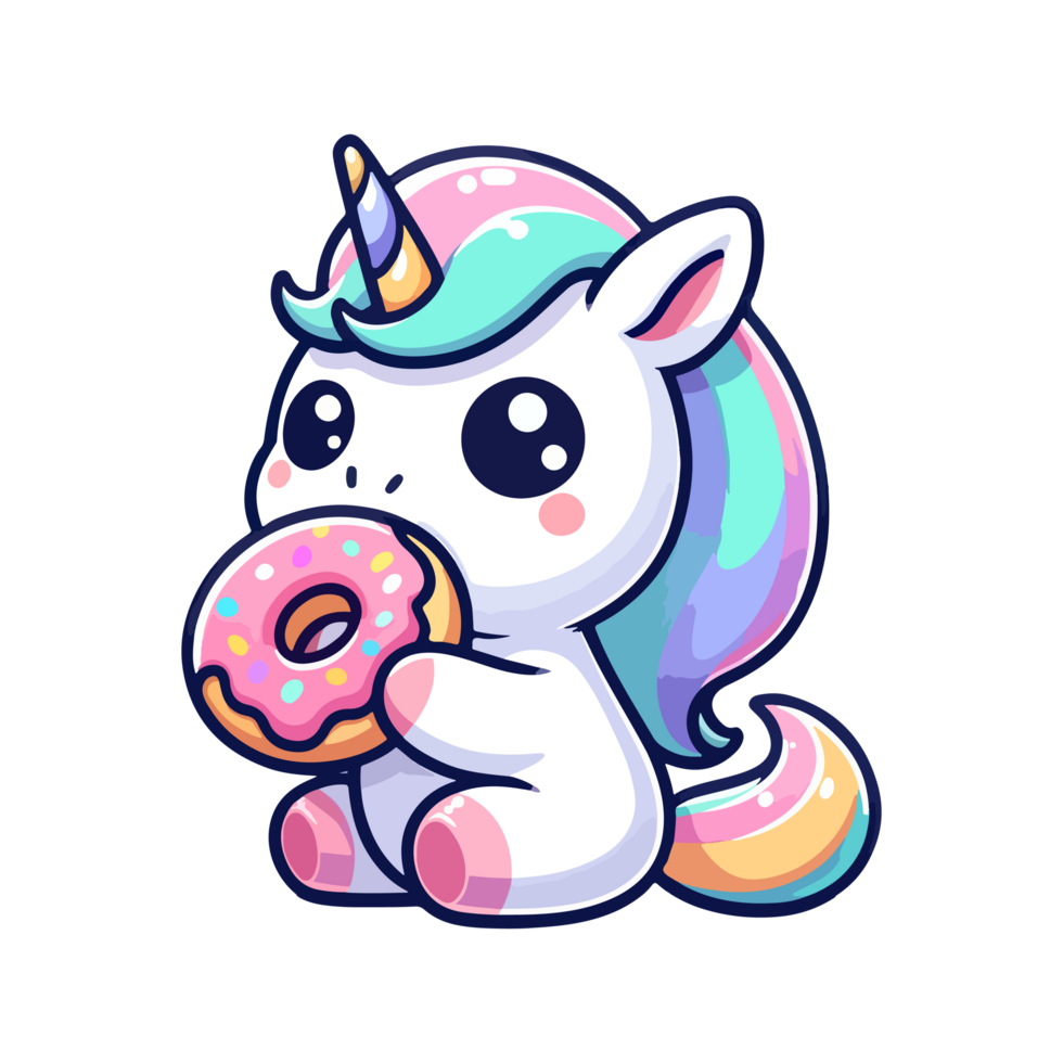 cute unicorn eating donut icon character cartoon png