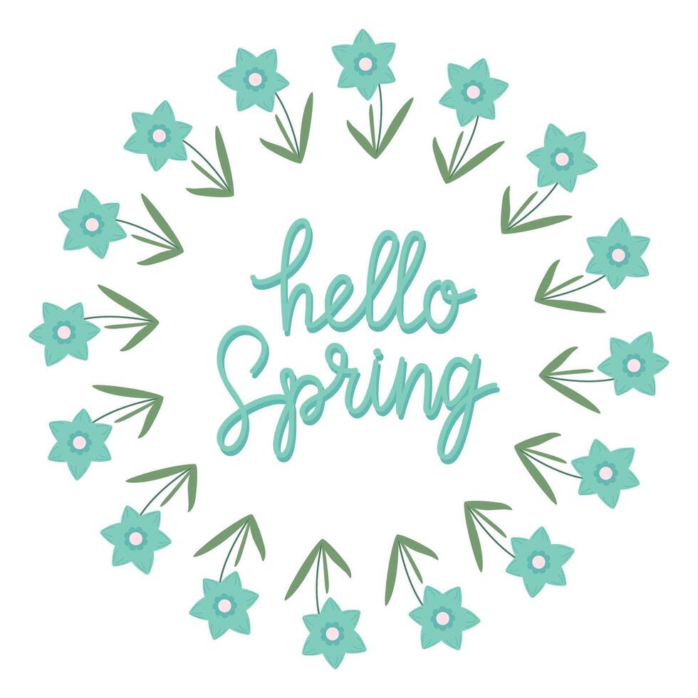 Hand drawn lettering Hello spring card with decorative floral frame, illustration for greeting card, invitation template. Retro, vintage lettering banner, poster, background. vector
