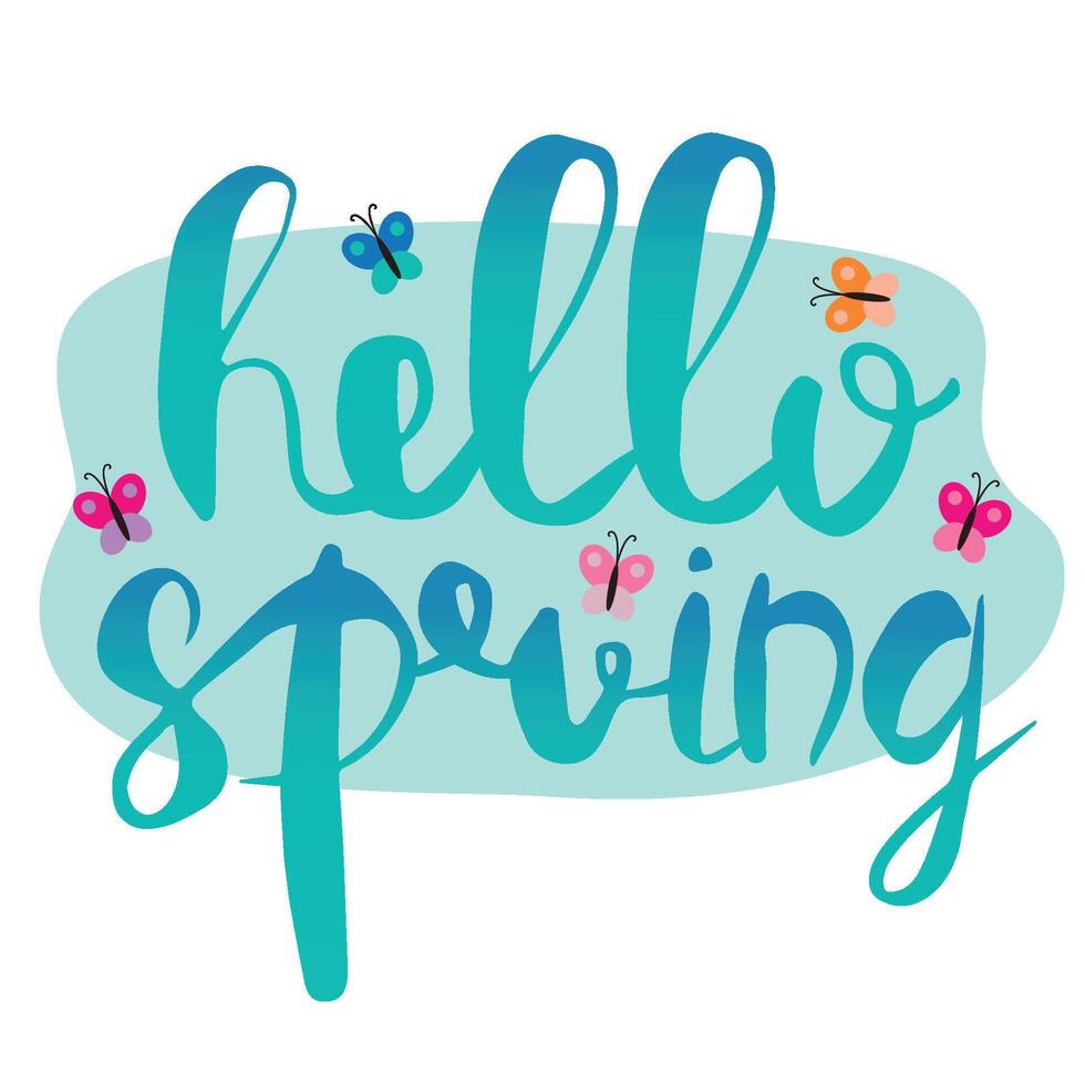Hello Spring handrawn lettering, Illustration, element with butterflies for postcards, posters, banners. vector