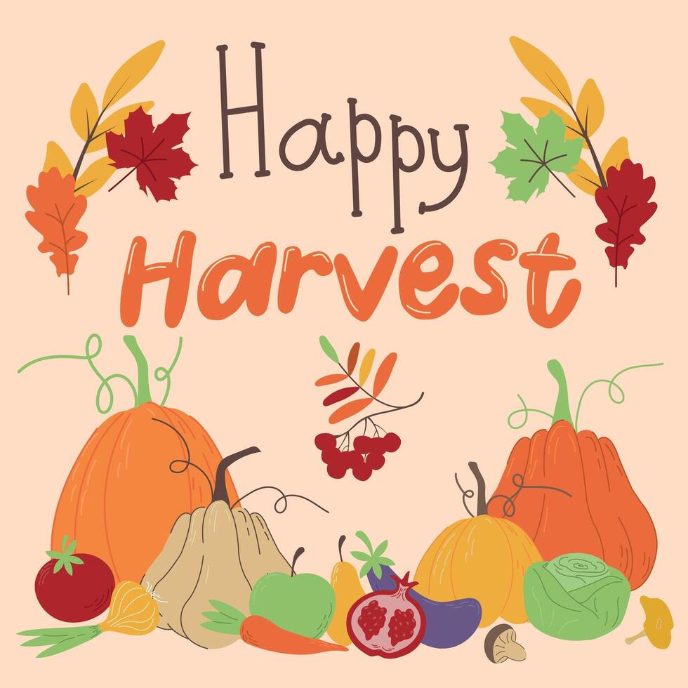 Happy Harvest. Set of Autumn Leaves, Vegetables and Fruits. Banner with inscription, background with leaves and harvest. Flat style drawings. Color illustration. vector