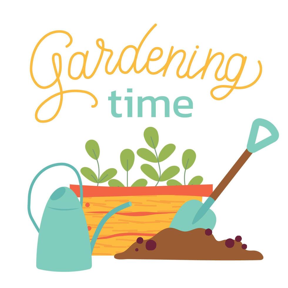 jardinería tiempo. jardín herramientas, riego poder, pala, plantas, verduras, flores primavera jardinería concepto. ilustración en blanco antecedentes para póster, icono, tarjeta, logo, etiqueta vector