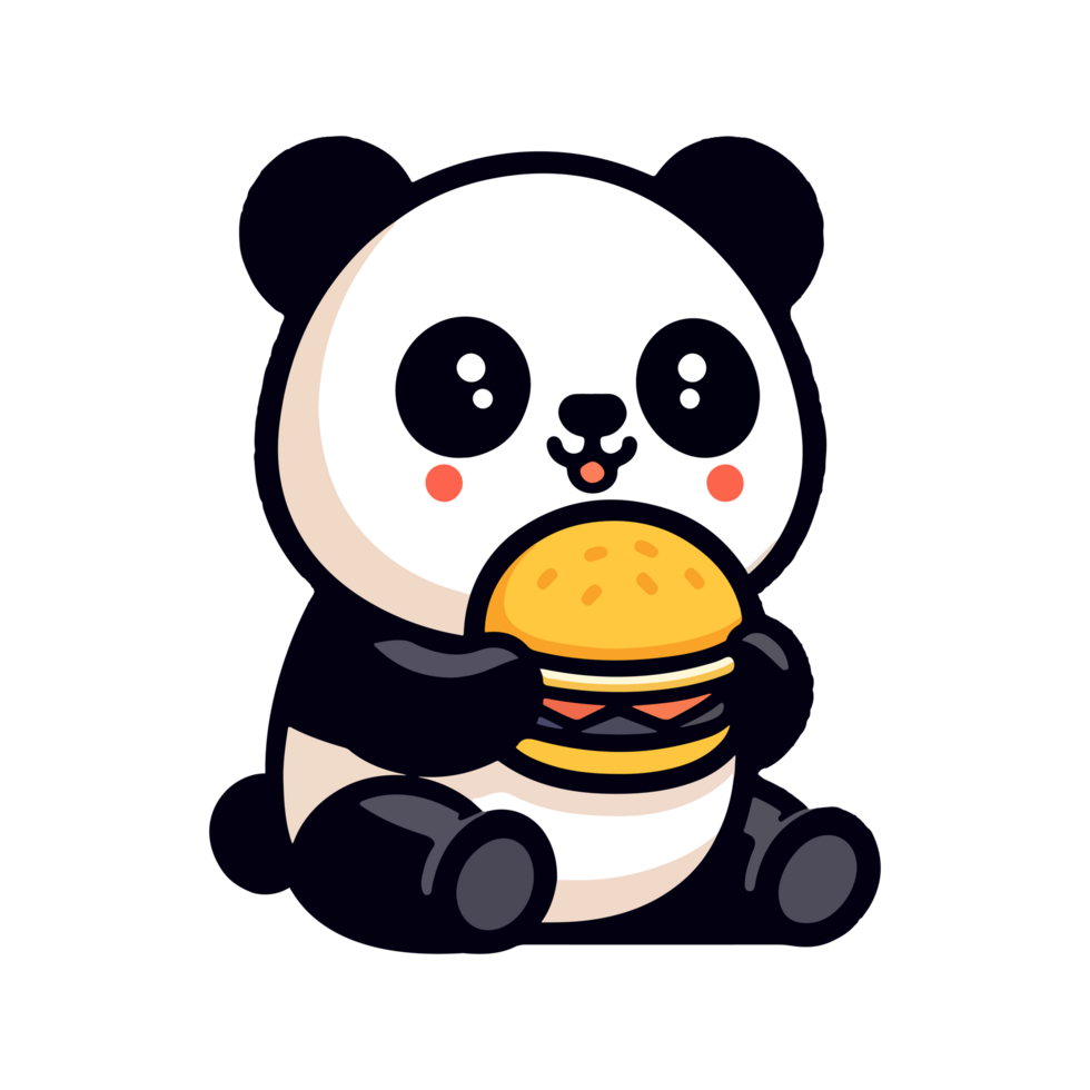 cute panda eating hamburger icon character cartoon png