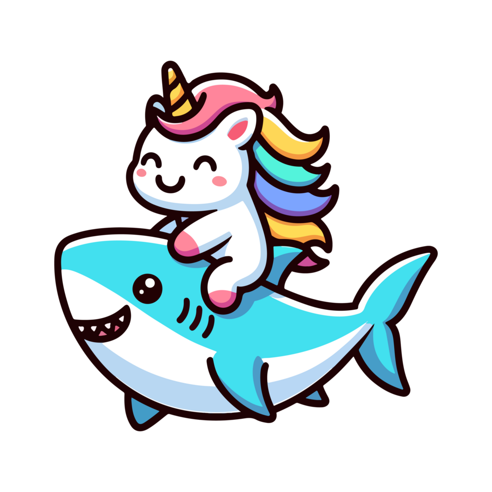 söt enhörning ridning haj ikon karaktär tecknad serie png
