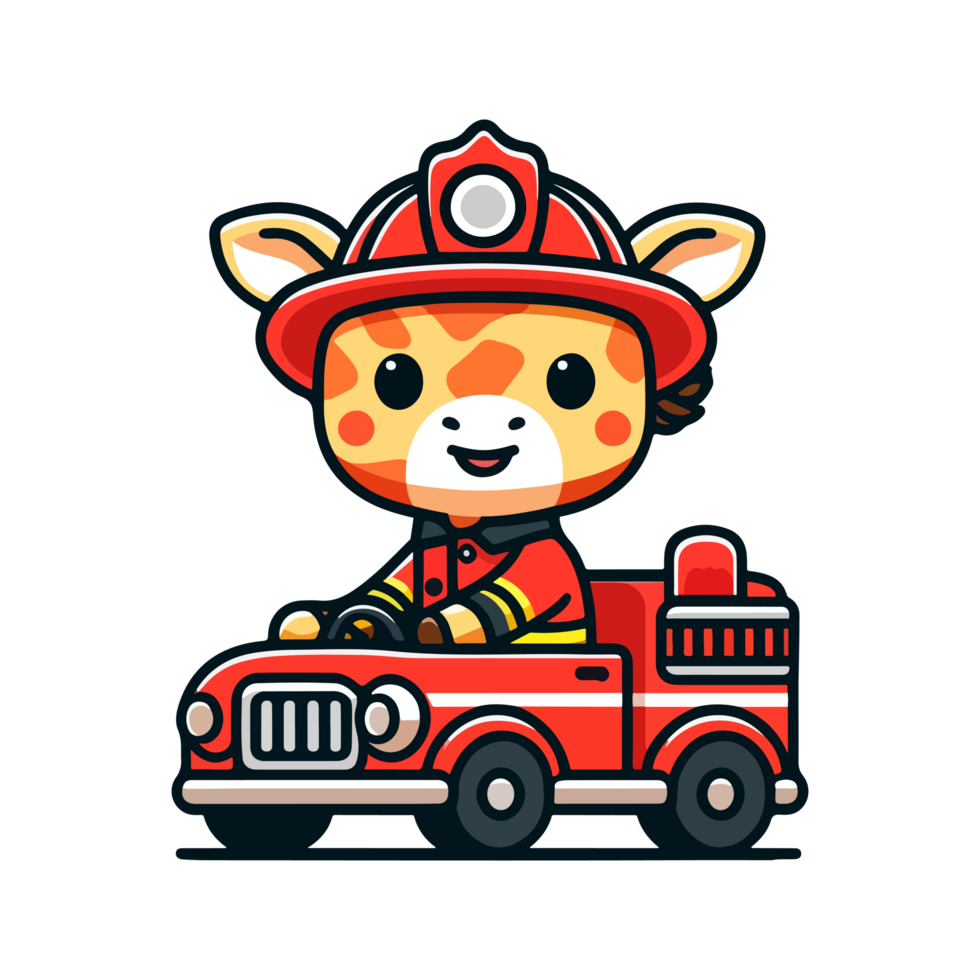 cute giraffe riding a fire engine icon character cartoon png