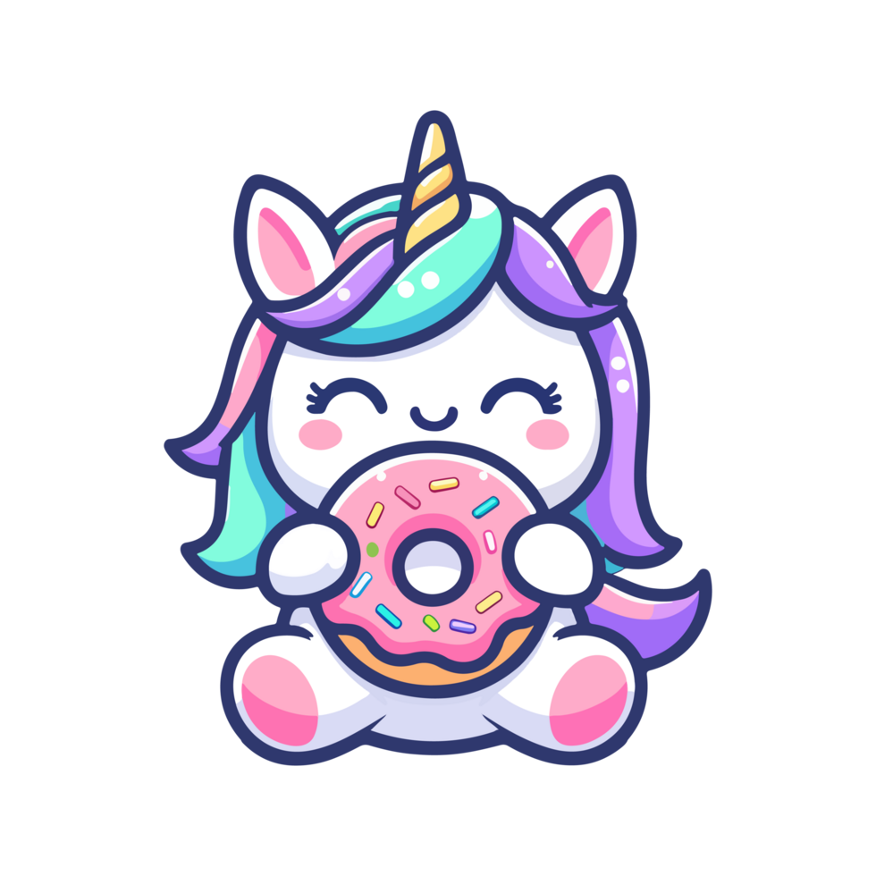 cute unicorn eating donut icon character cartoon png