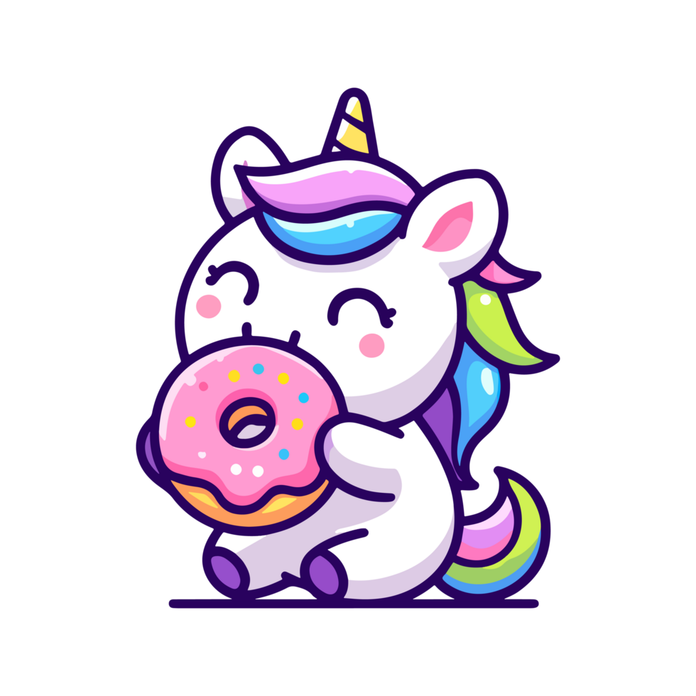 cute unicorn eating donut icon character cartoon png