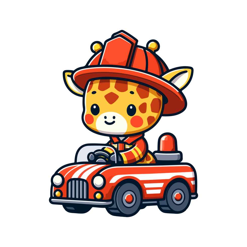 cute giraffe riding a fire engine icon character cartoon png