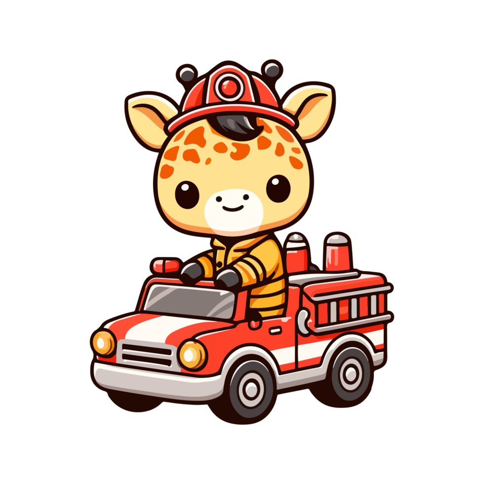 cute giraffe riding a fire engine icon character cartoon png