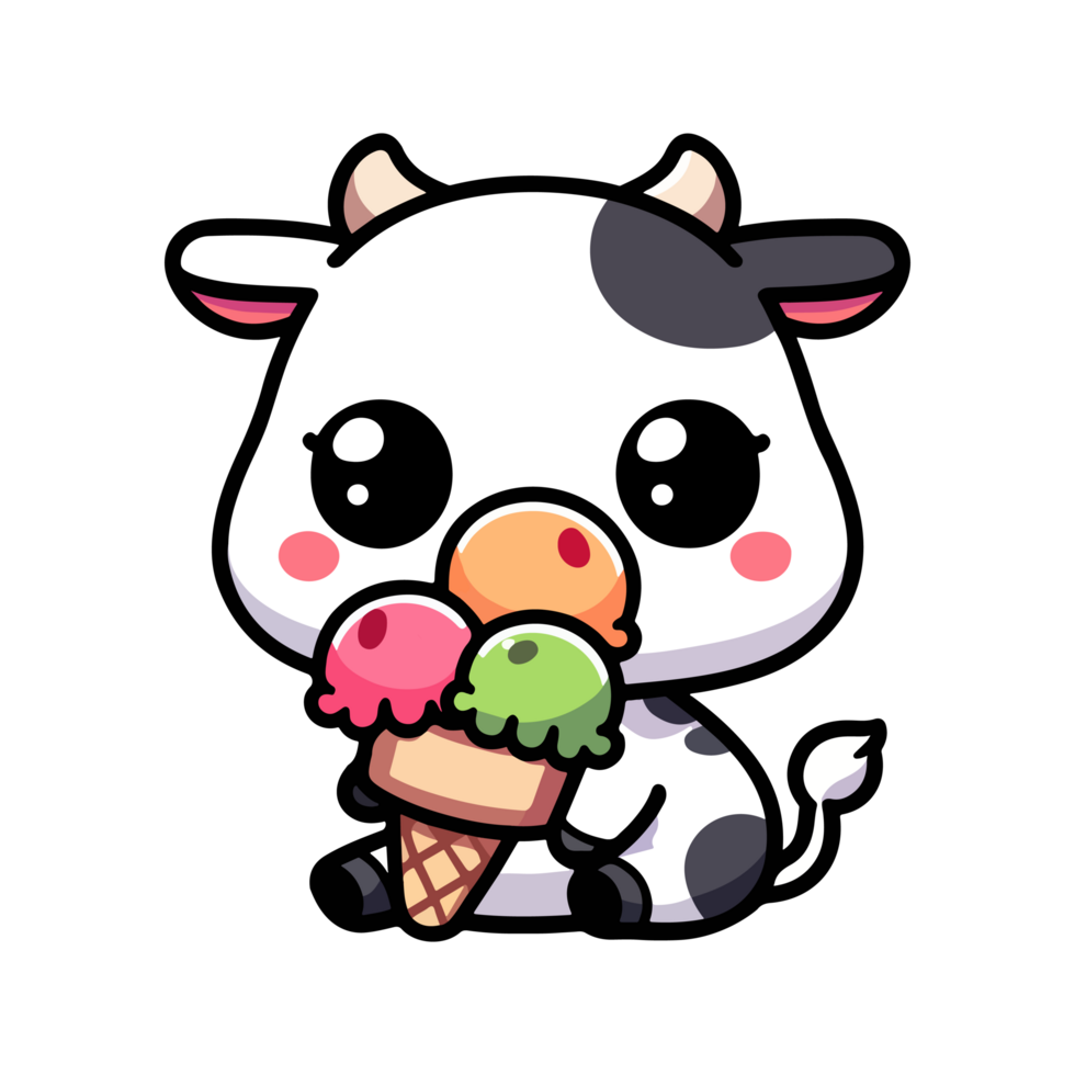 mignonne icône personnage vache en mangeant la glace crème png