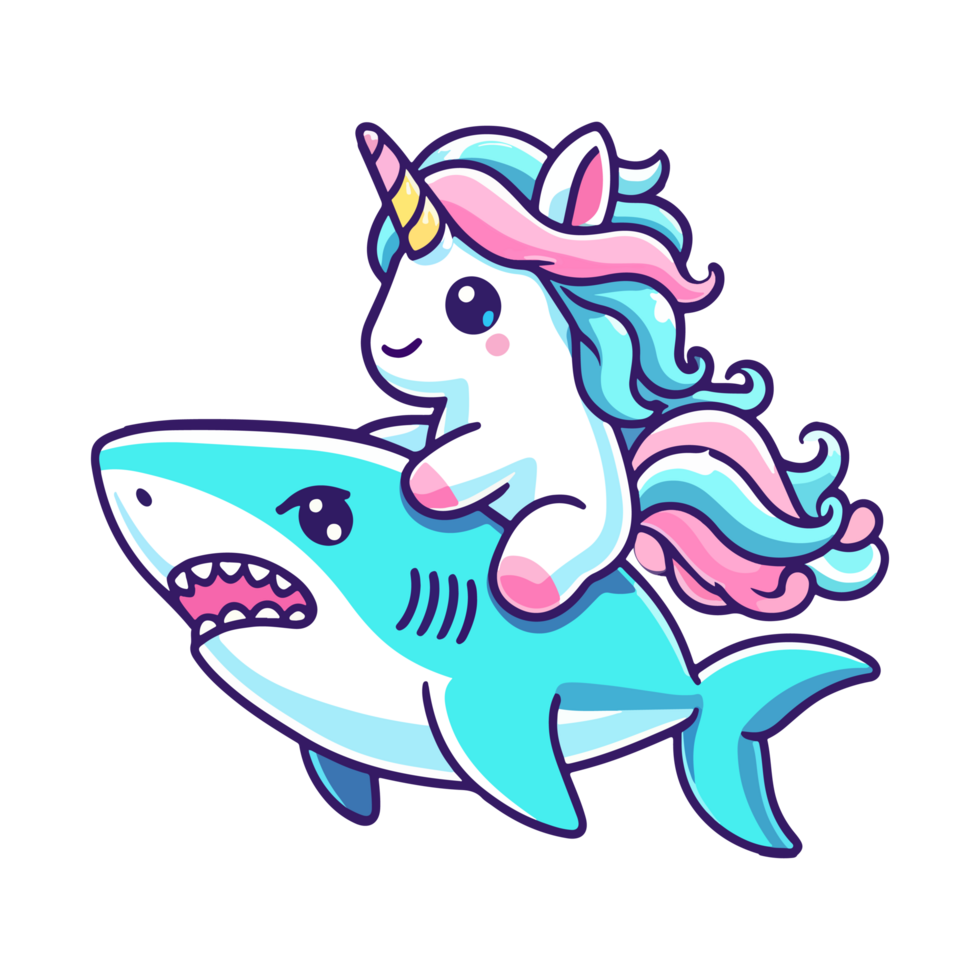 cute unicorn riding shark icon character cartoon png