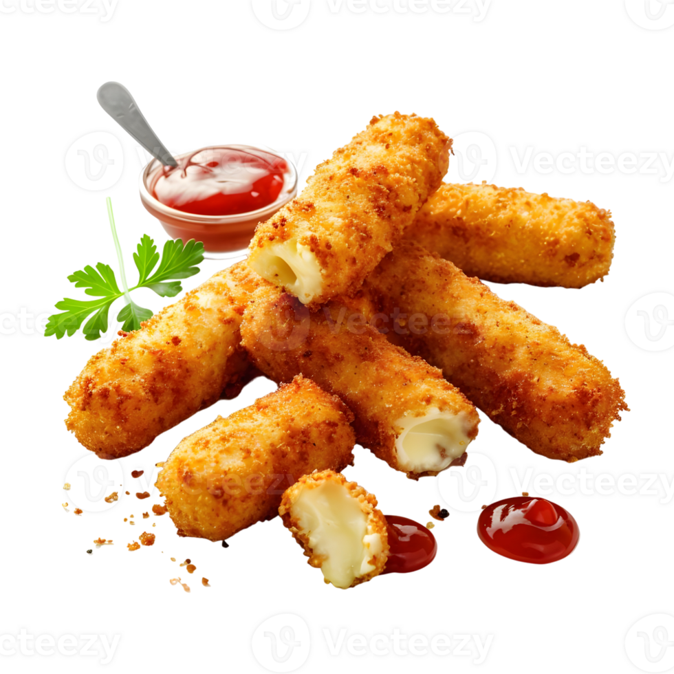 3d Renderização do uma frito queijo Gravetos com molho e ketchup transparente fundo png