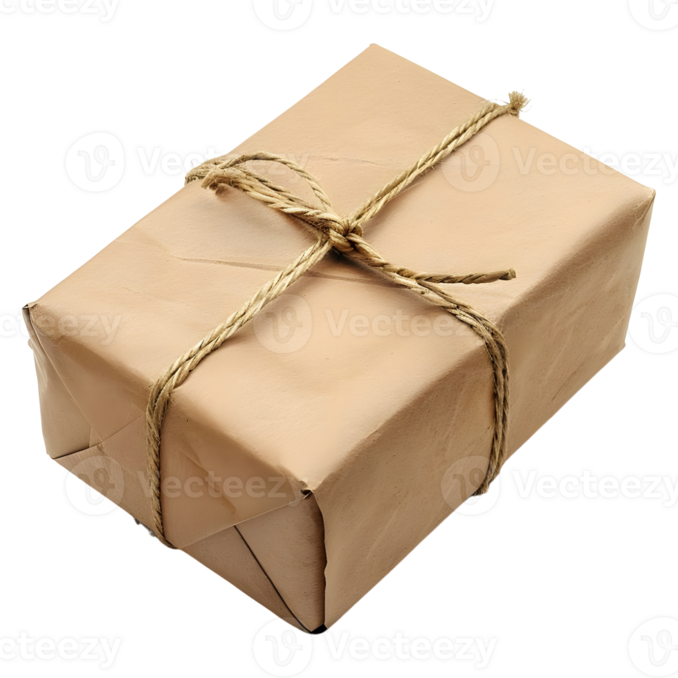 3D Rendering of a Brown Paper Wrapped Gift Box on Transparent Background png