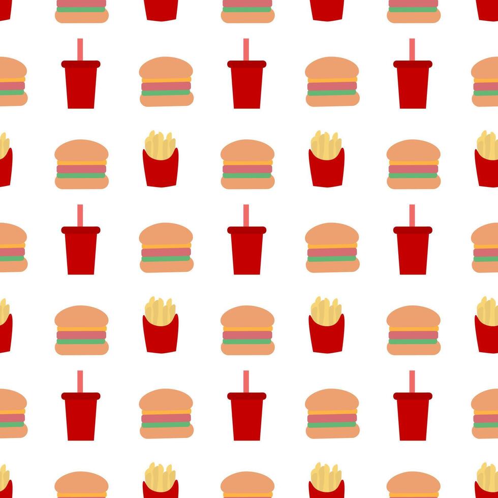 Junk food seamless pattern. French fries, hamburger and Soda sweet drink. Fast food background. Simple doodle, hand drawn wallpaper. Flat illustration. vector