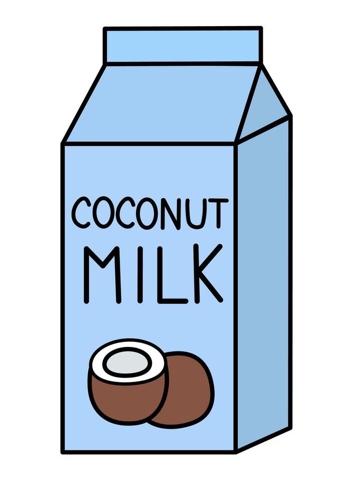 Coco vegano leche. caja caja de cartón embalaje. plano ilustración. vector