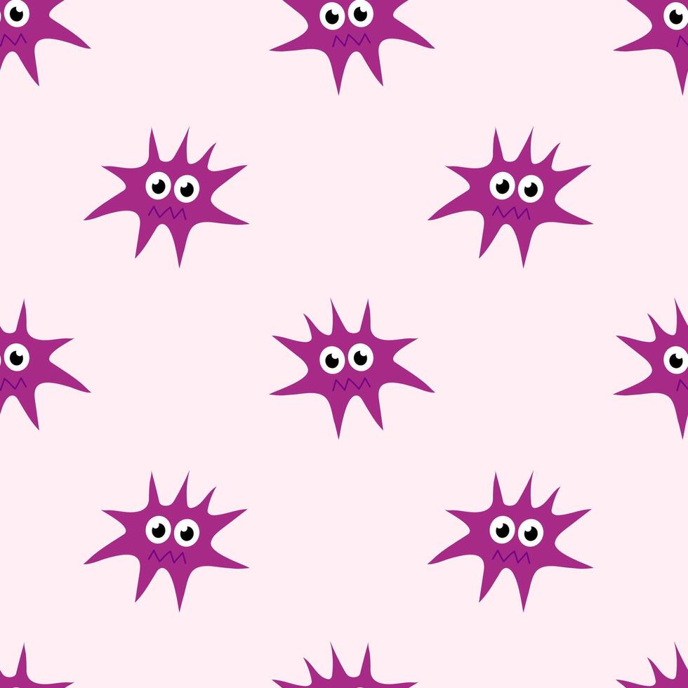 Seamless Pattern with Cute cartoon character virus, bacteria, microbe. Microbiology organism funny face wallpaper. Mascot expressing emotion background. children illustration in flat design. vector
