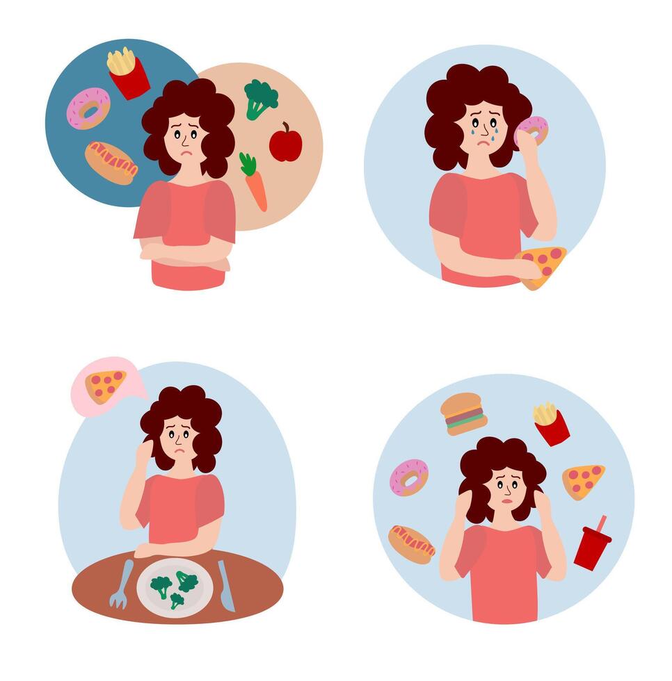 Eating disorder. Sad woman worries about being overweight. Overeating, bulimia, anorexia. Food addiction concept. Rejection of yourself. Set of cartoon flat illustrations. vector