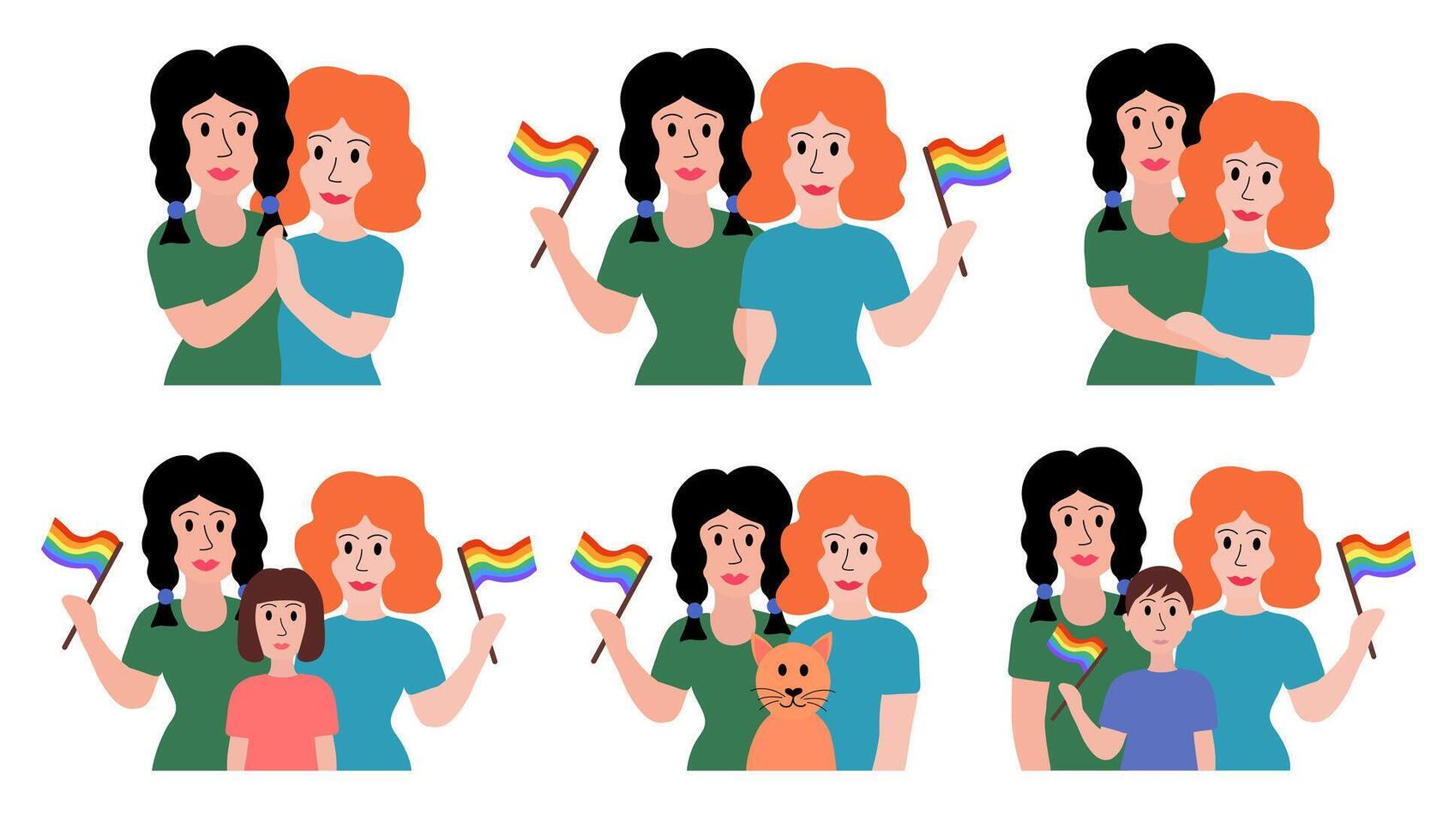 LGBT concept. Lesbian married couple. Women adopted boy or girl. Holding multicolored flag Pride Parade and hugging. Colorful illustration in flat style. vector