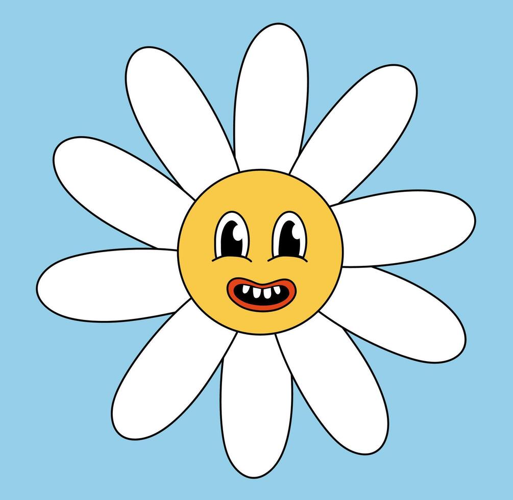 Retro 70s 60s 80s Hippie Groovy cute Daisy Flower. Tooth Smile face. Chamomile Flower power element. illustration isolated on blue background. vector