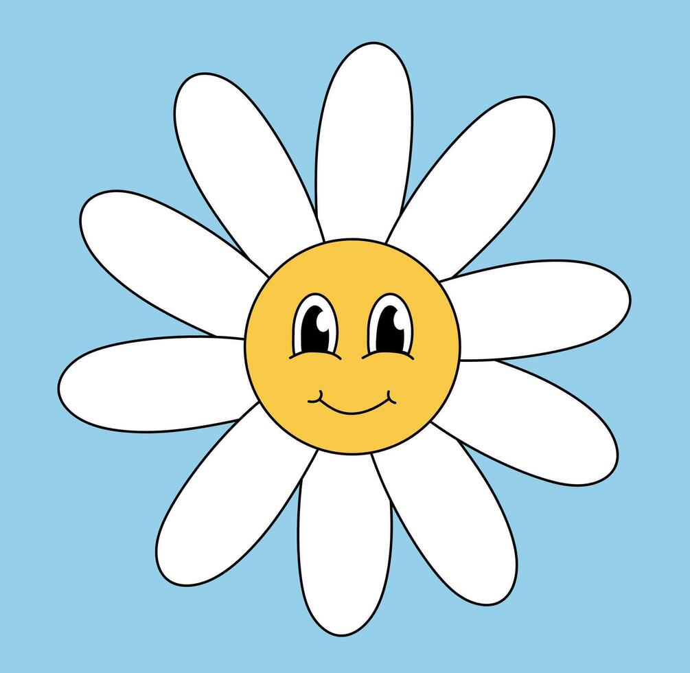 Retro 70s 60s 80s Hippie Groovy cute Daisy Flower. Smiling face. Chamomile Flower power element. illustration isolated on blue background. vector