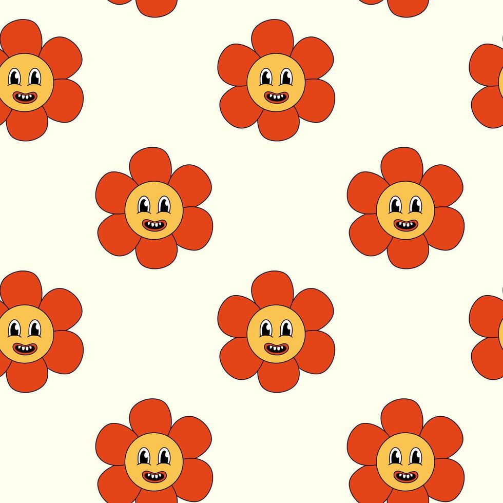 Retro Seamless Pattern 70s 60s 80s Hippie Groovy cute Red Flower. Smiling face. Flower power. flat illustration. vector