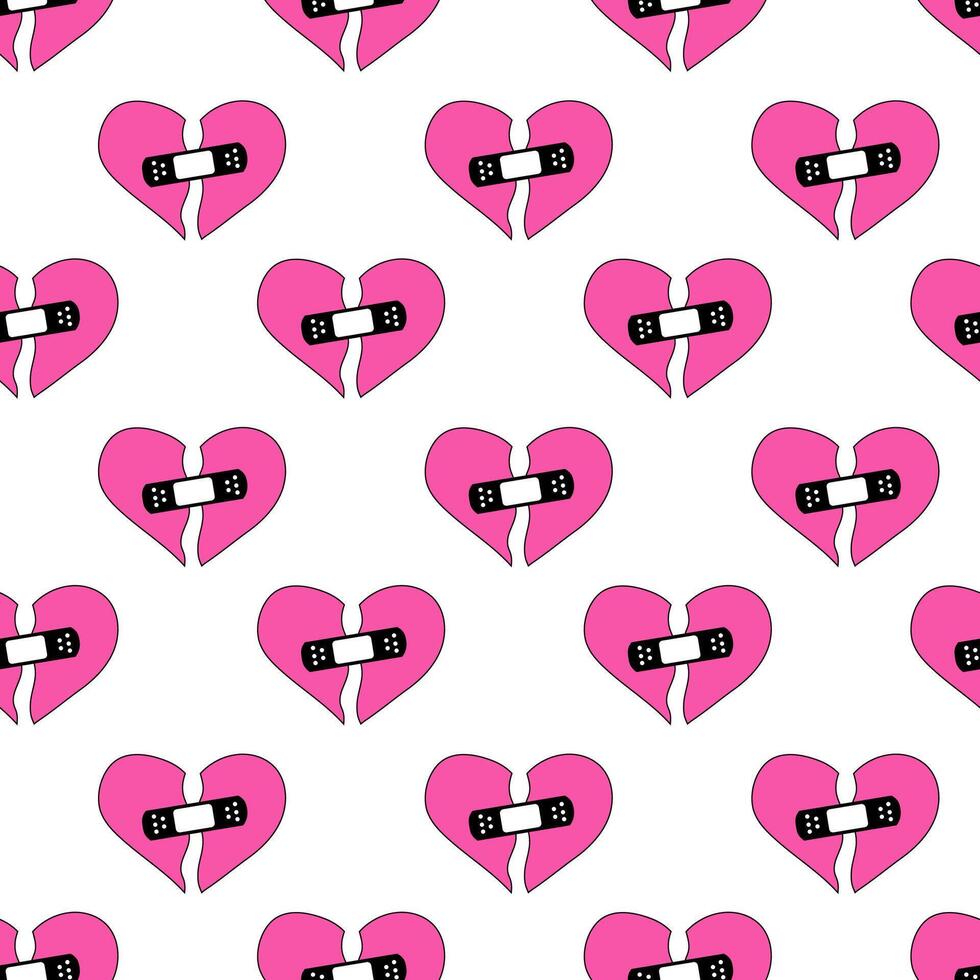 Seamless Pattern with pink hearts. Y2k. Broken heart with patch. flat illustration. vector