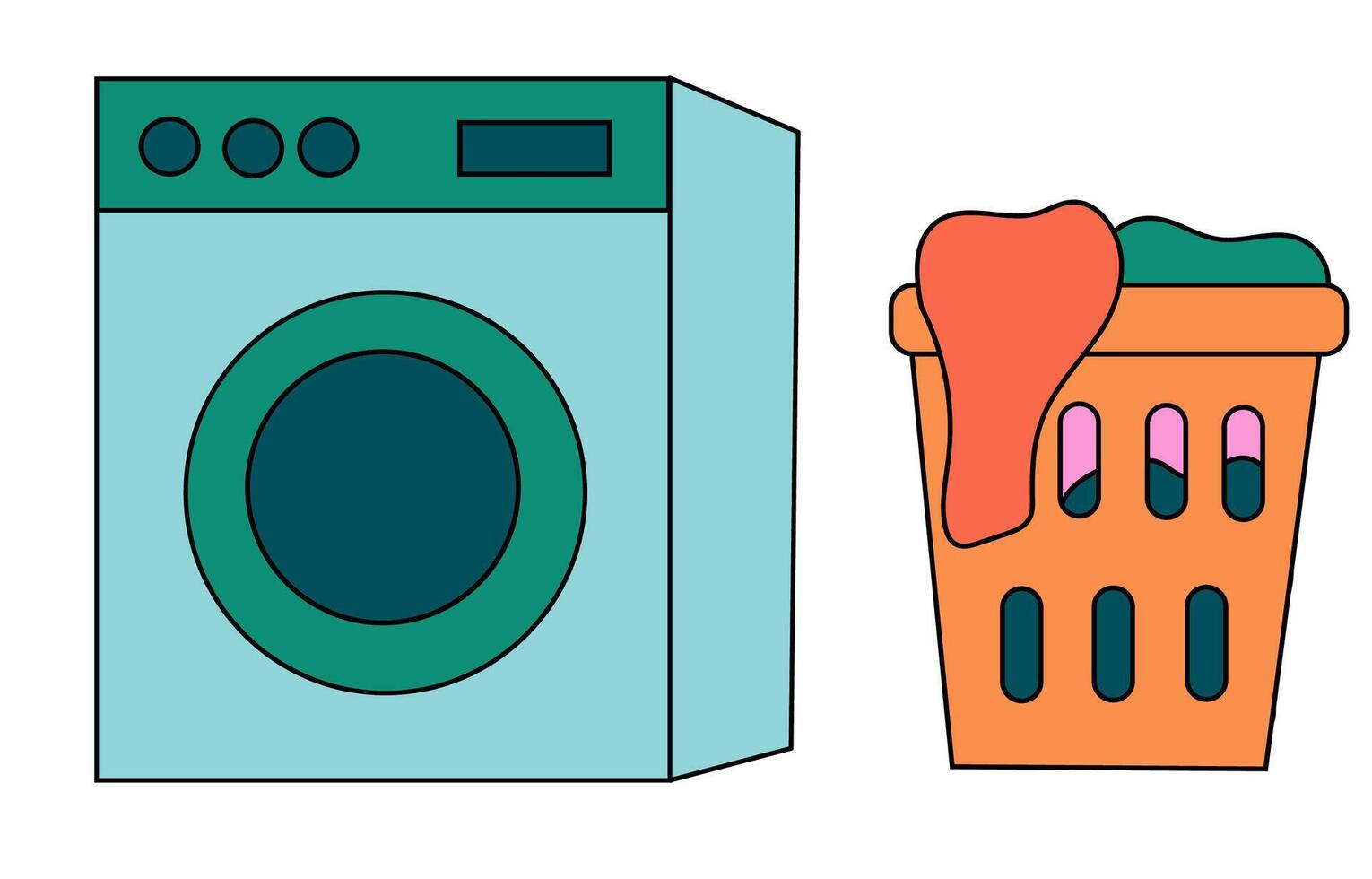 Cleaning Set Elements. Collection of cleaning tools. Washing machine. Laundry basket with clothes. Flat illustration. vector