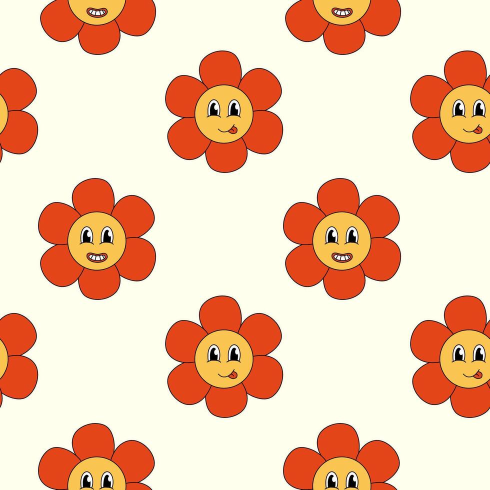 Retro Seamless Pattern 70s 60s 80s Hippie Groovy cute Red Flower show tongue. Smiling face. Flower power. flat illustration. vector