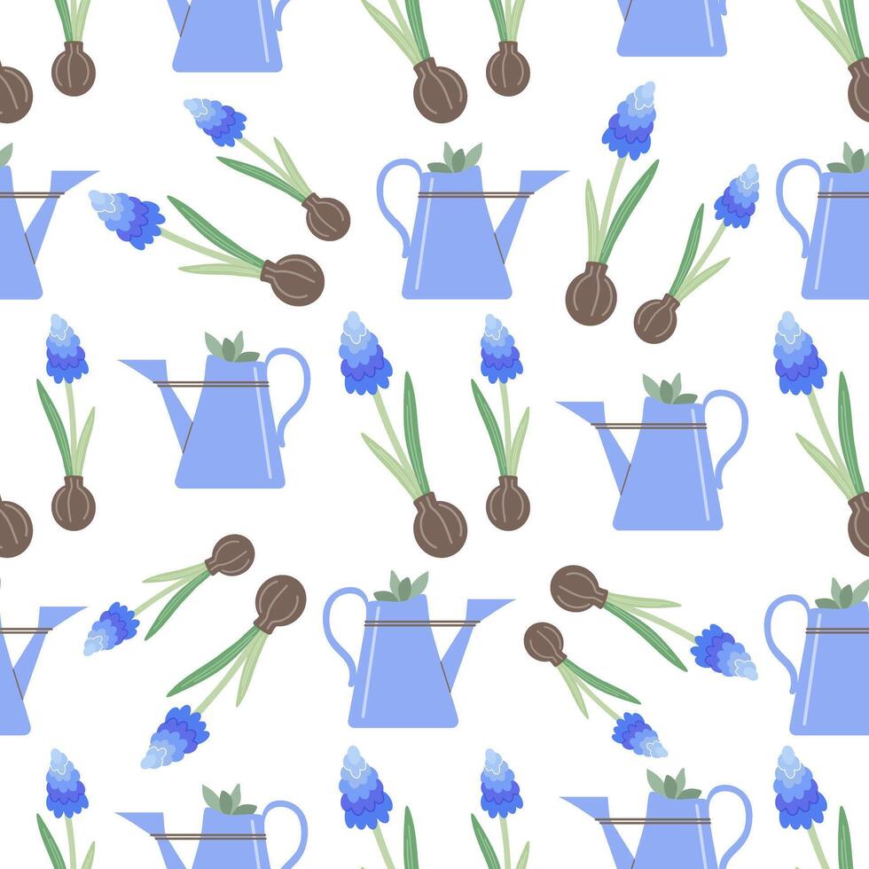 Green garden plants inside the watering can and lavender flower. Flat seamless pattern. Cute drawing. vector