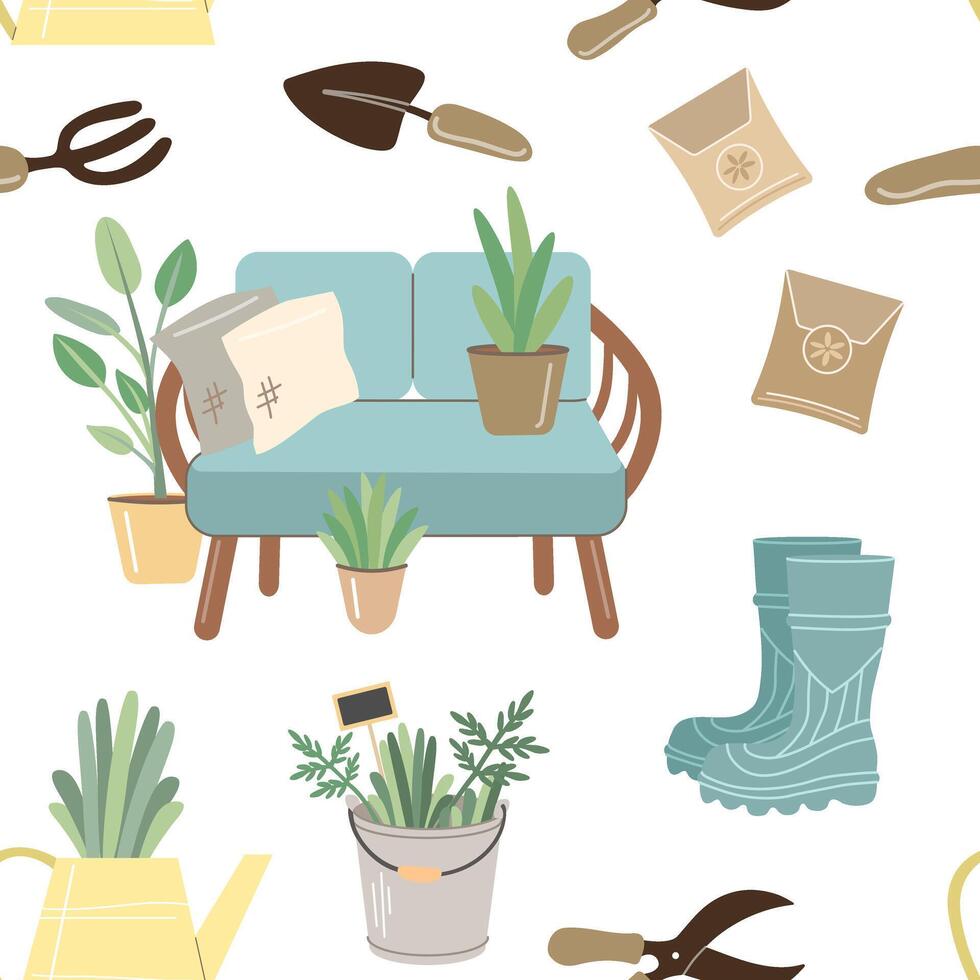 Gardening flat seamless pattern. Illustration of garden elements, shovel, pitchfork, garden shears, plants, watering cans, grass, gardening gloves, rattan sofa, etc. vector