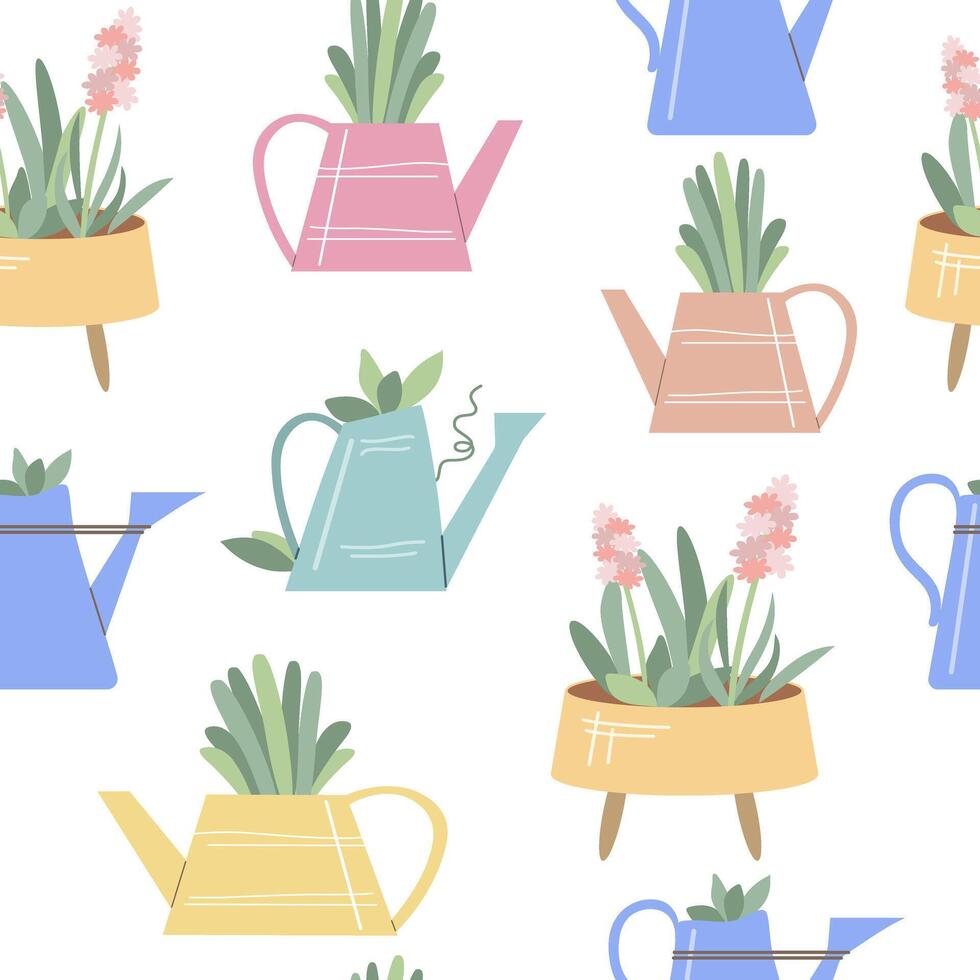 Garden accessories. Gardening flat seamless pattern. Watering cans, plants, flower pot. Illustrations. vector