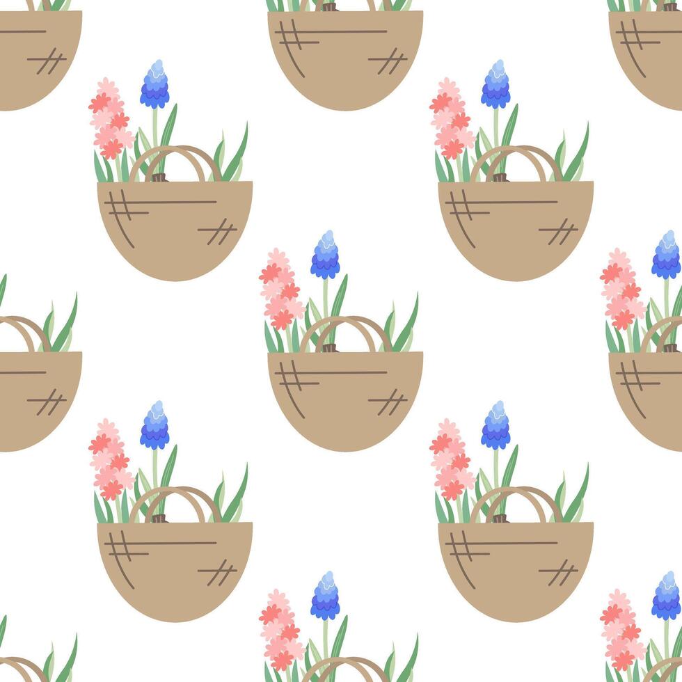 Hyacinth and lavender flowers in canvas bag. Flat seamless pattern. Illustration of garden elements. vector