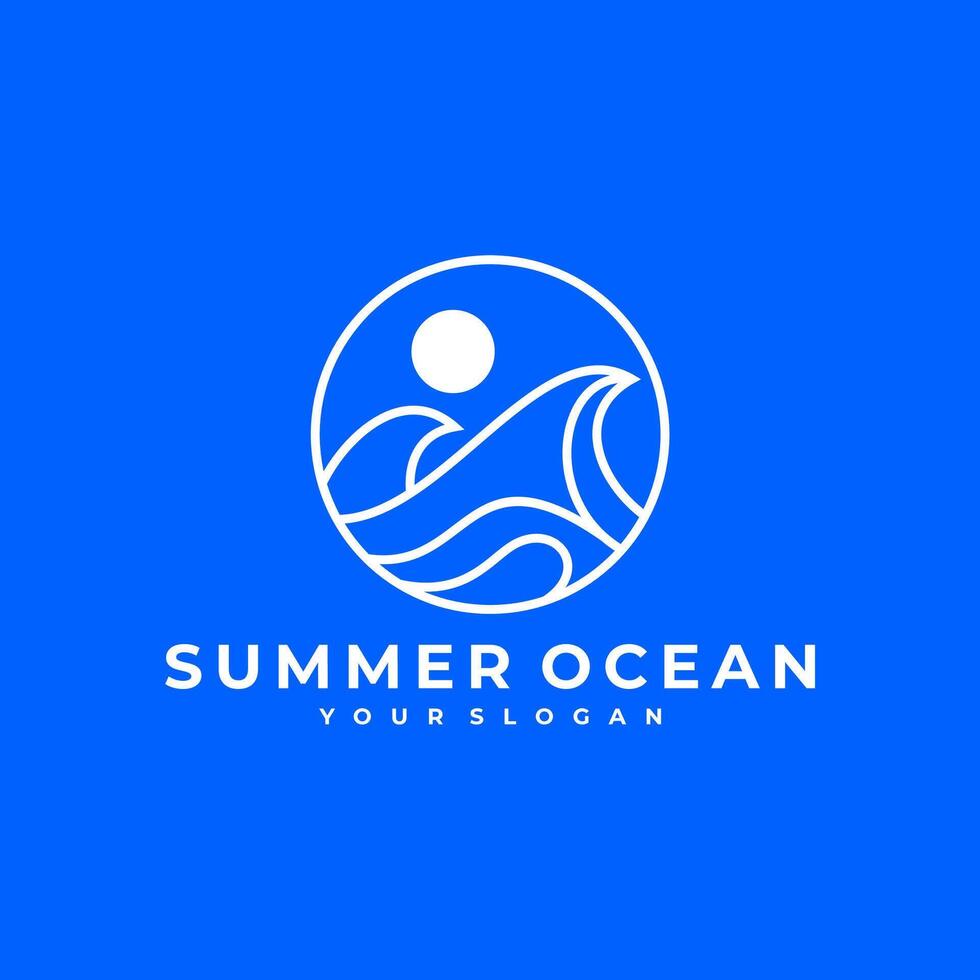 SUMMER WAVE OCEAN SUN OUTLINE LOGO ICON ILLUSTRATION vector