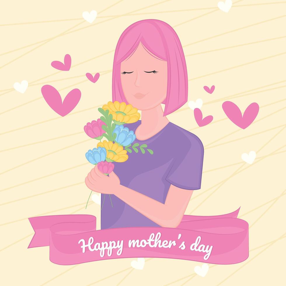 Cute girl character holding flowers Happy mother day vector
