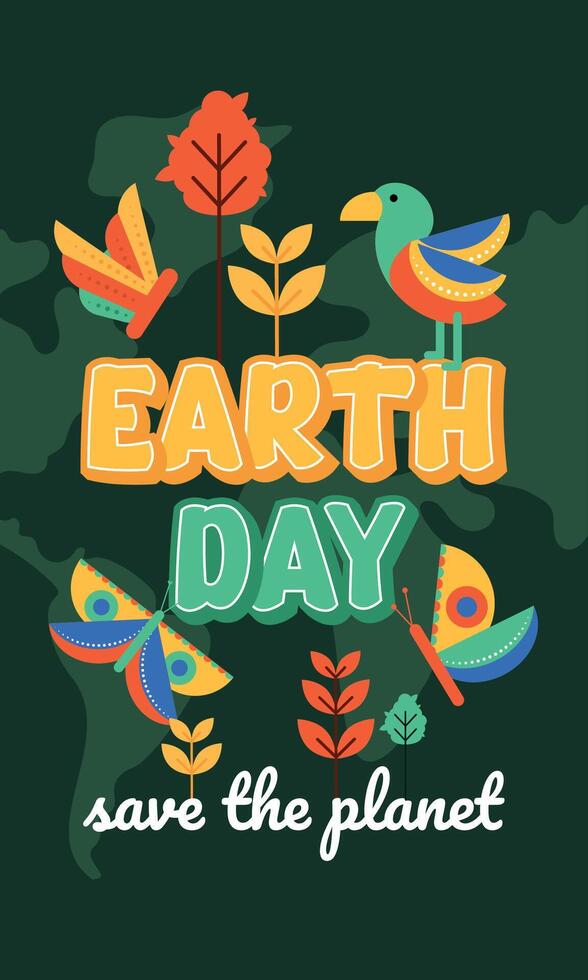 Geometric earth day card Plants and butterflies vector