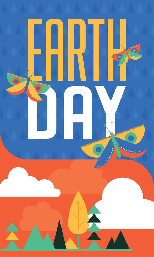 Geometric earth day card Plants and butterflies vector