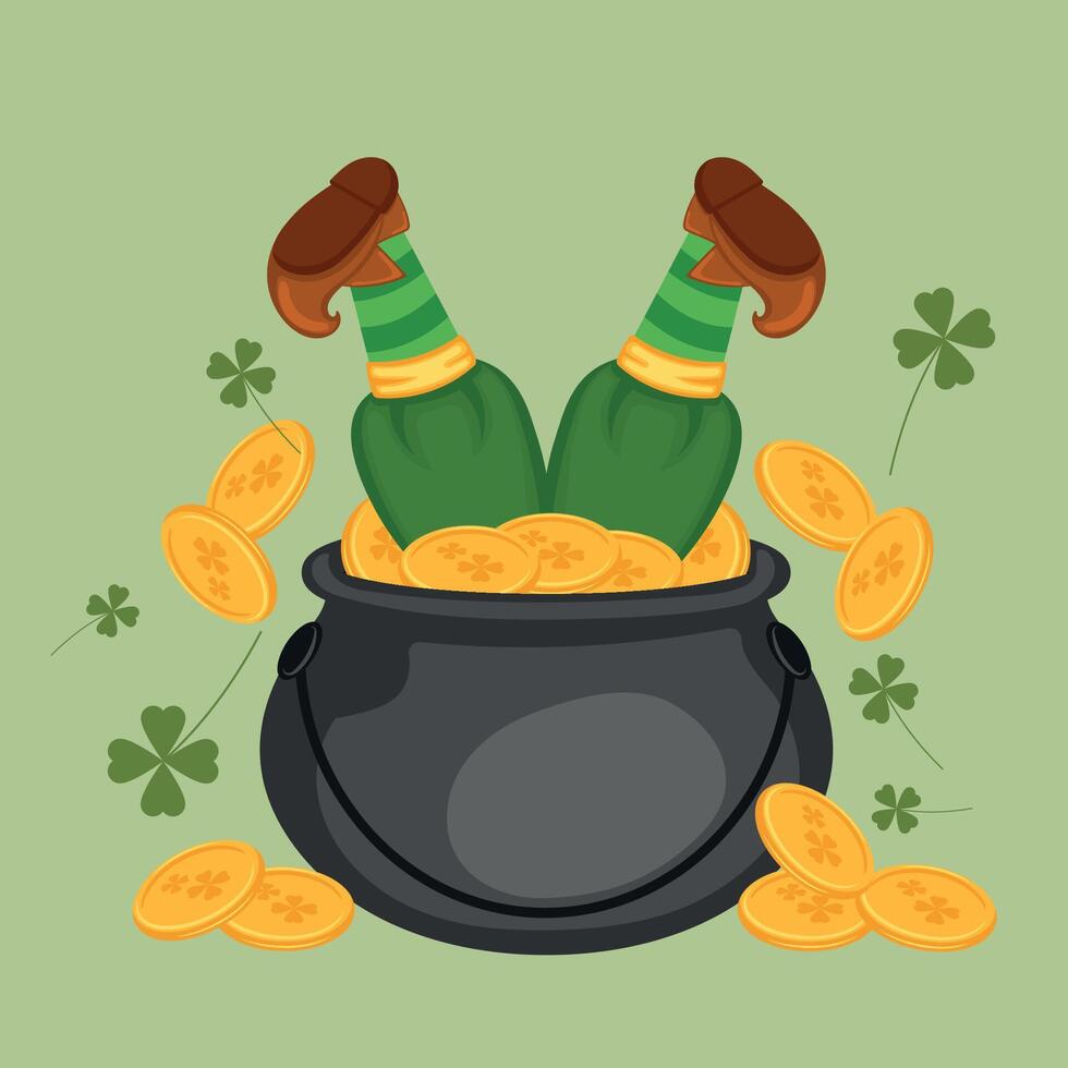 S t patricks día irlandesa duende personaje dibujos animados maceta con monedas vector