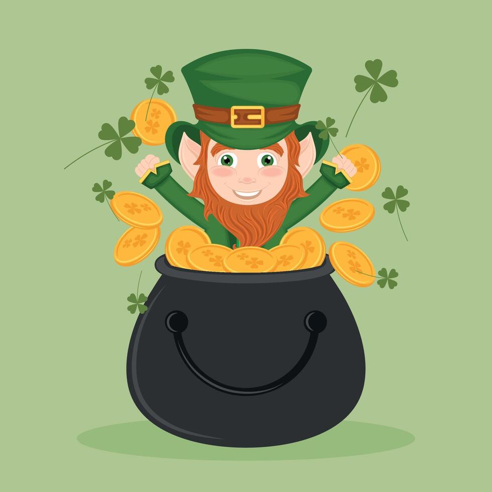 S t patricks día irlandesa duende personaje dibujos animados maceta con monedas vector