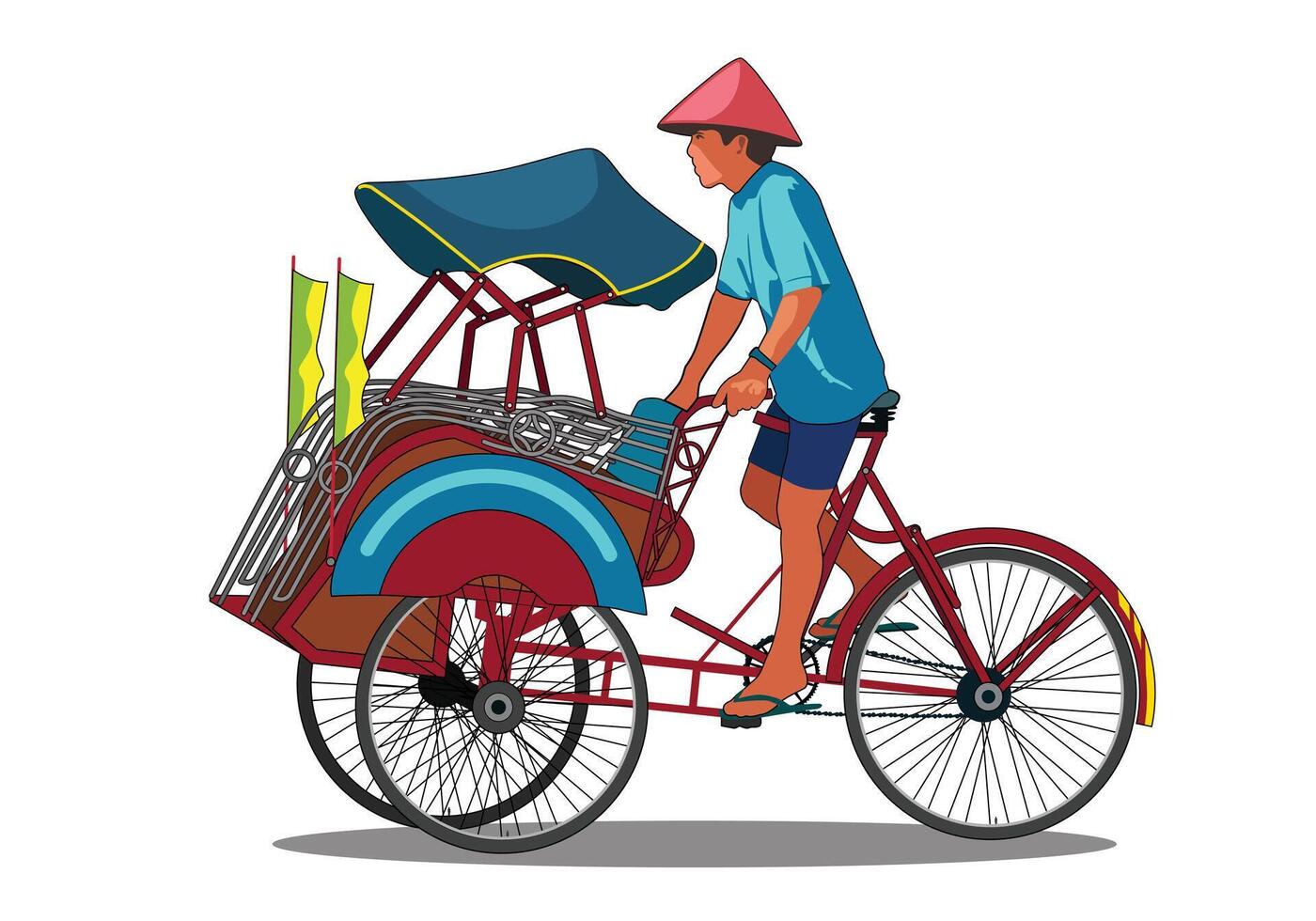 Rickshaw becak yogyakarta, A man riding bicycle rickshaw isolated on white background. vector