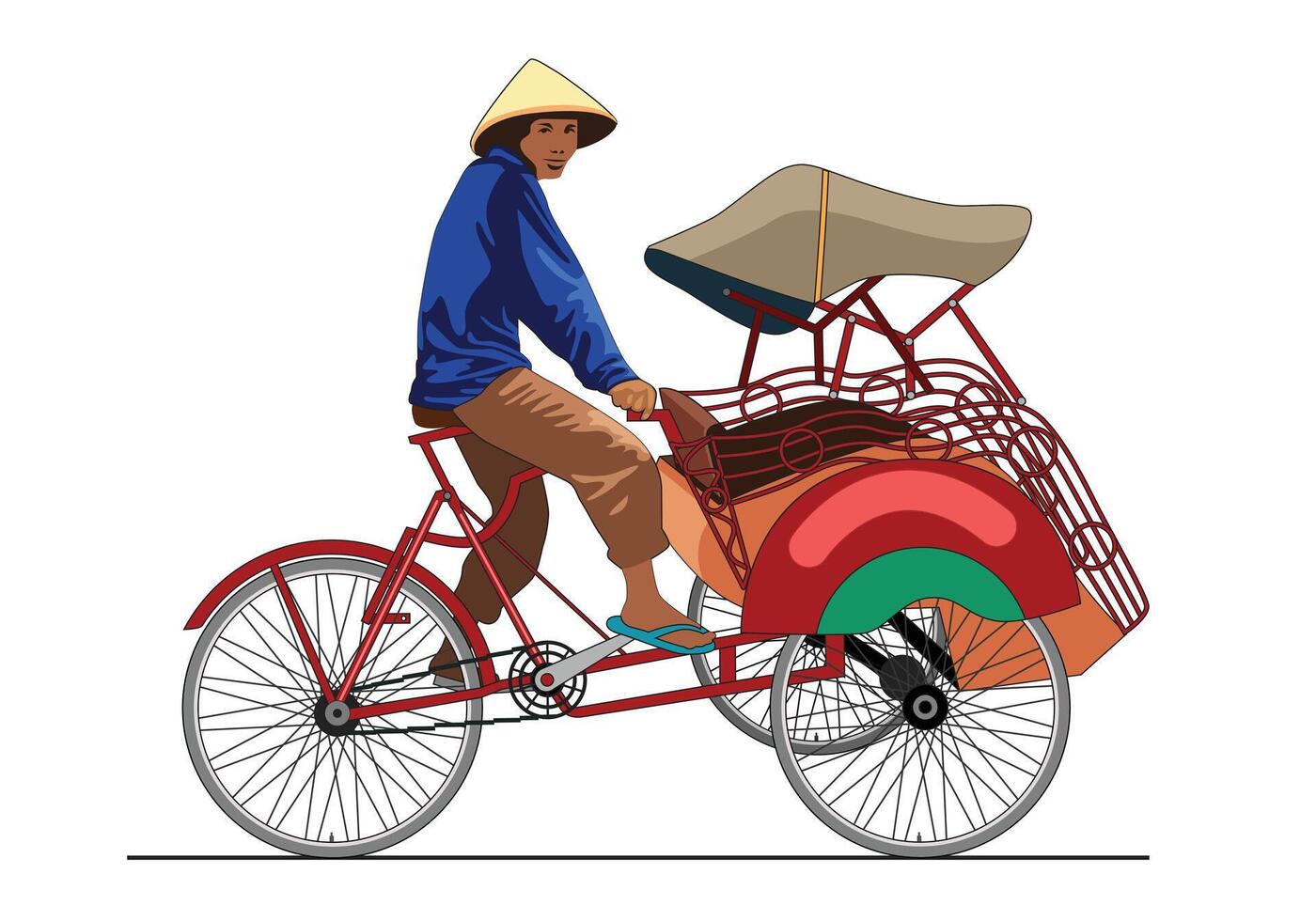 bicitaxi becak yogyakarta. un hombre con azul vestir montando bicitaxi aislado en blanco antecedentes. vector