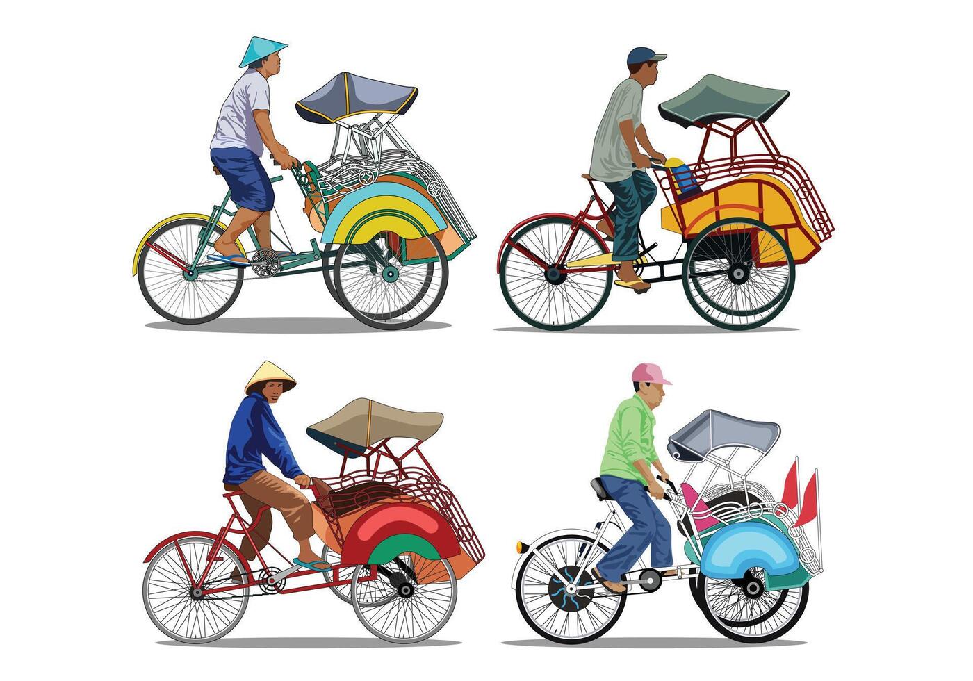 Rickshaw becak yogyakarta set. Isolated on white background. vector