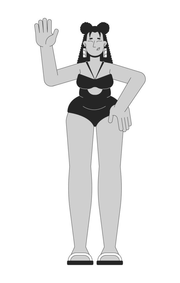 Plump hispanic woman in swimwear black and white 2D line cartoon character. Plus sized female proud of curvy body isolated outline person. Overweight monochromatic flat spot illustration vector